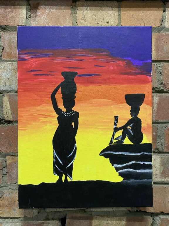 Painting of a women in silhouette carrying a jug on her head against a bright sunset