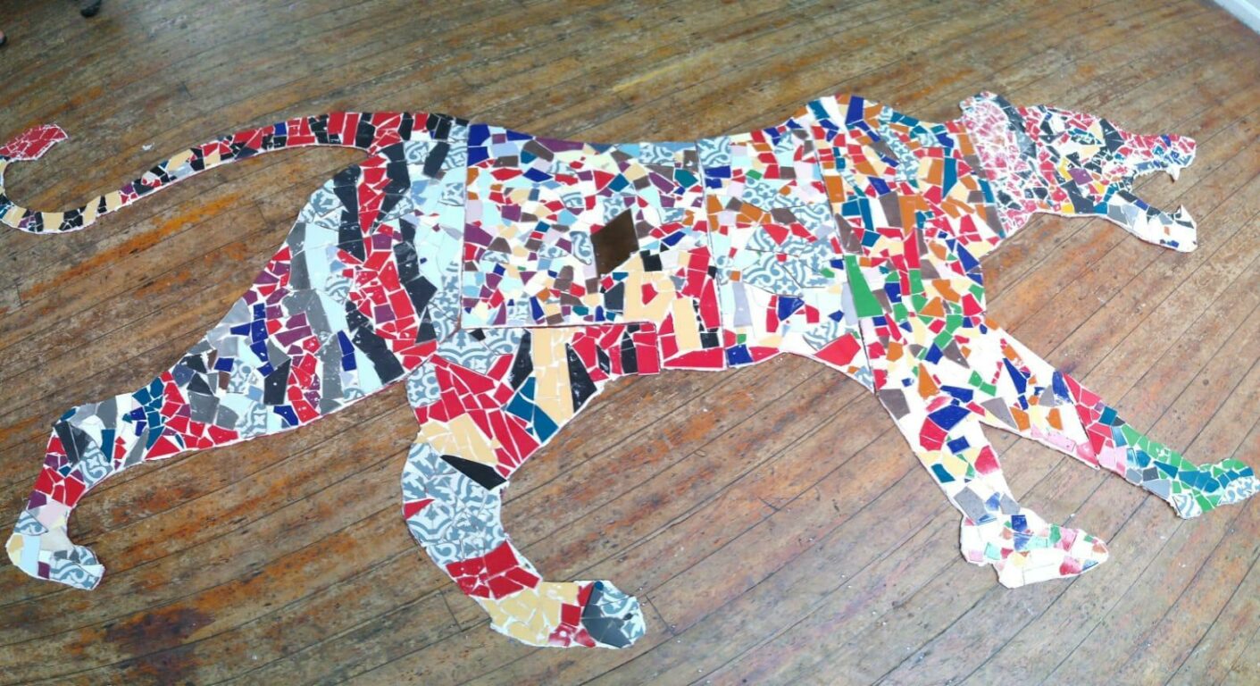 Colourful tiger mosaic created by Mani Manson-Reeves and Parasol Project young people