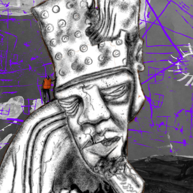 Line drawing of face with eyes closed in black and white against abstract purple line drawing. A small migrant rests on the figure's side.